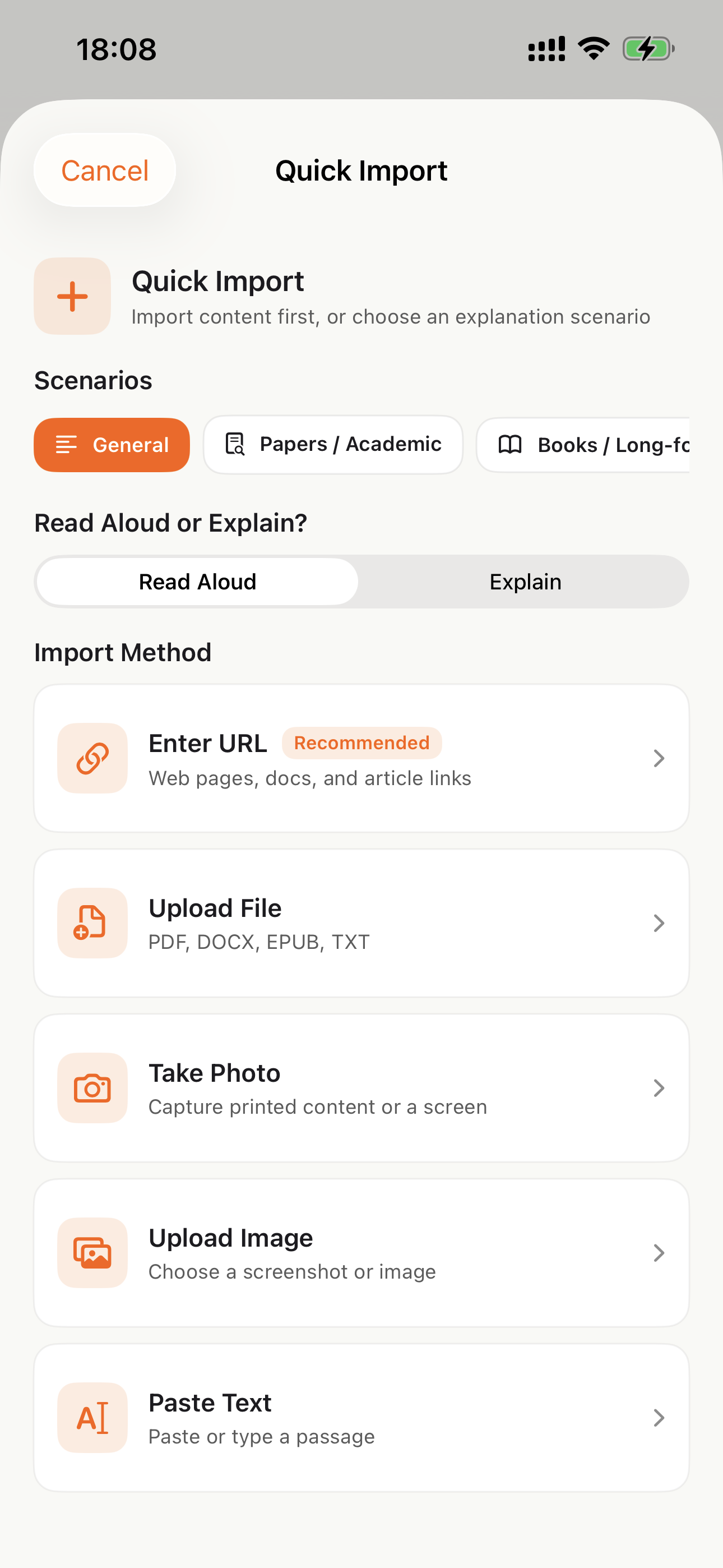 CastReader import options for books, documents, and webpages